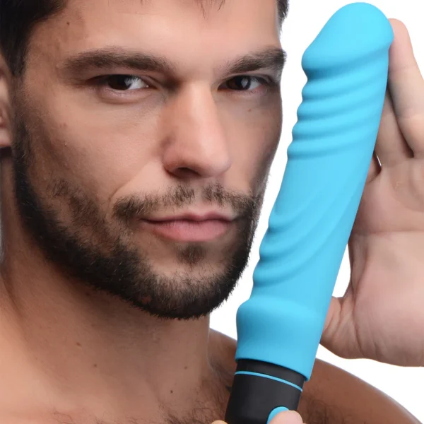 XL Bullet & Silicone Ribbed Sleeve Rechargeable Waterproof Vibrator - Blue - Image 2