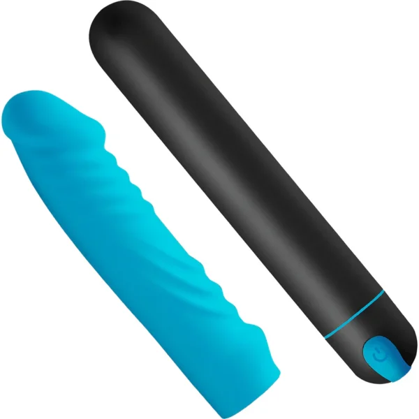 XL Bullet & Silicone Ribbed Sleeve Rechargeable Waterproof Vibrator - Blue - Image 7